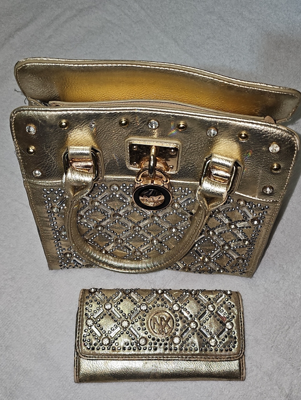 Gold Quilted Studded Satchel with Matching Wallet - Designer Style